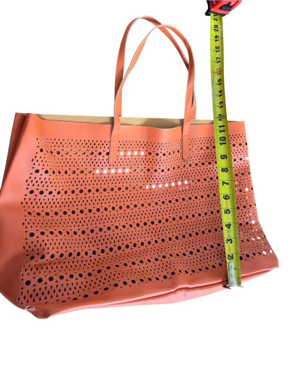 Saks Fifth Avenue Orange Geometric Perforated Lightweight Tote Bag Purse.